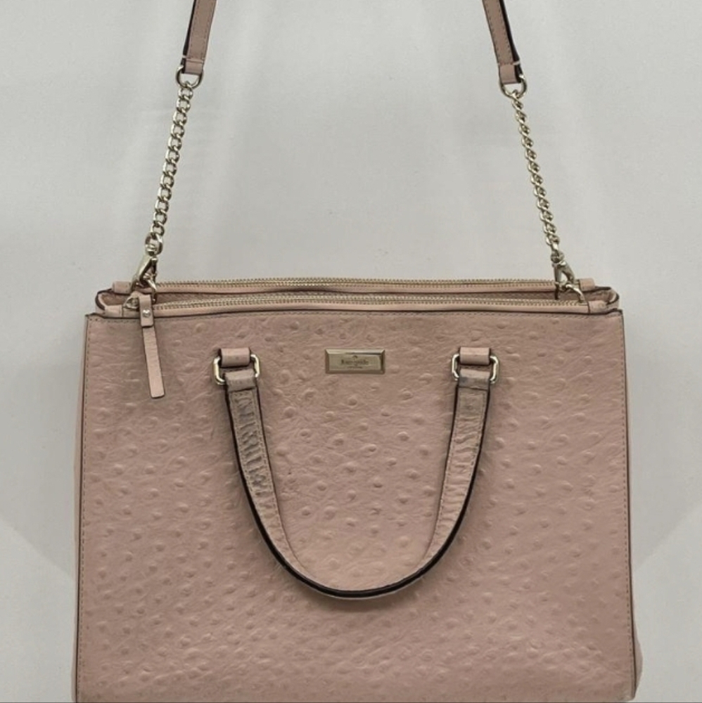 Kate Spade Pink Ostrich Embossed Leather Tote Bag W/ Chain Strap & Zip Closure